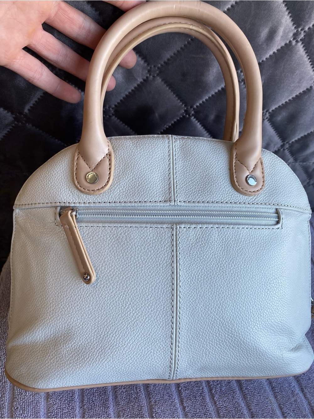 Tignanello Two-Tone Pebbled Leather Dome Satchel Handbag Cream Tan